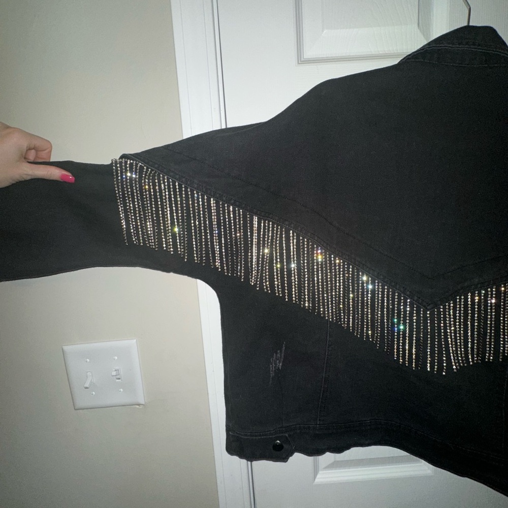 Black Jean jacket with rhinestone across front & back - Picture 7 of 8